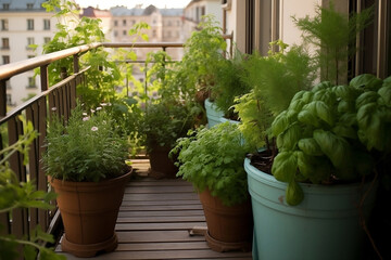Fototapeta na wymiar A cozy balcony garden in the city Generative AI 