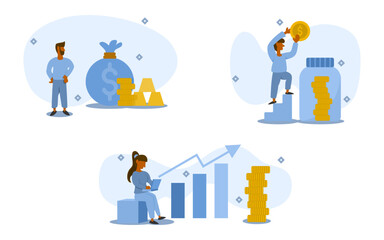 investment illustration set. characters with huge savings, investment analysis and profitability, and profit savings with money growth. money increasing concept. vector illustration.
