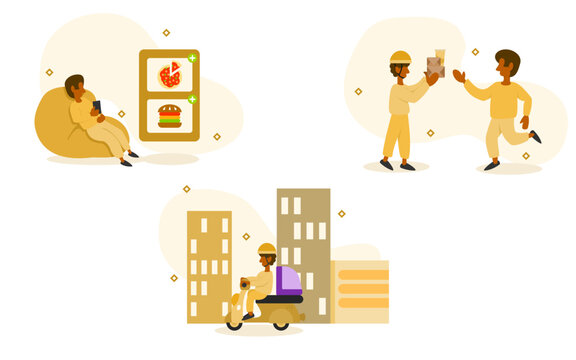 food delivery illustration set. character ordering online food. driving to deliver food to customer. bring meal to customer who order. application delivery concept. vector illustration.