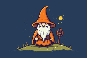 Doodle inspired Wizard at cave, cartoon sticker, sketch, vector, Illustration