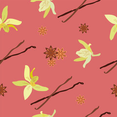 Seamless pattern with vanilla pods. Sweet vanilla. Background, print, wrapping paper, modern textile design. Vector illustration.