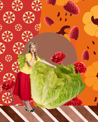 Contemporary art collage. Pretty, young, blonde girl standing with giant lettuce against abstract background with berries. Creative colorful design. Concept of pop art, fashion, inspiration, pin-up