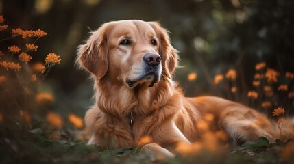 Golden retriever in a meadow, gras, majestic portrait - Generative AI