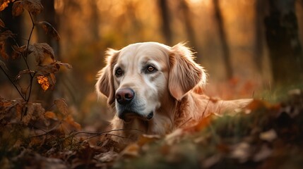 Golden retriever laying in a forest, majestic portrait - Generative AI