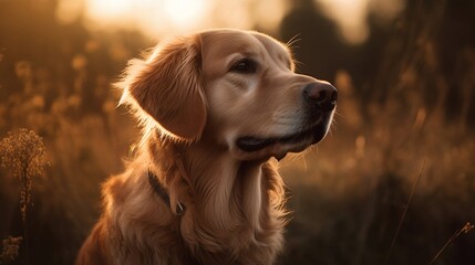 Obraz premium Golden retriever in a meadow, gras, face-only, majestic portrait - Generative AI