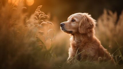Cute little golden retriever in a meadow, gras, majestic portrait - Generative AI