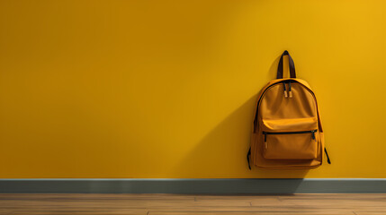 A textile teenage school backpack hangs on a yellow wall. Banner, a place for text. Generative ai.