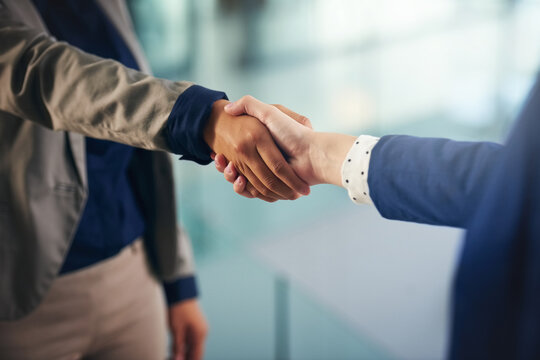 Hiring, closeup or business people shaking hands in b2b meeting for project or contract agreement. Teamwork, handshake zoom or worker with job promotion, deal negotiation or partnership opportunity