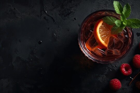 Cocktail. Cool down. On dark stone background. top view with copy space	