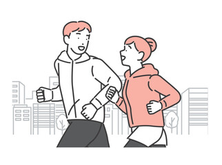 街中をランニングをする男女のカップルのベクターイラスト素材／運動／ジョギング