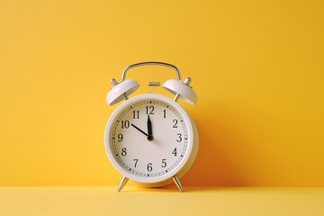 Reloj despertador blanco peque&ntilde;o sobre fondo c&aacute;lido. Generative ai.