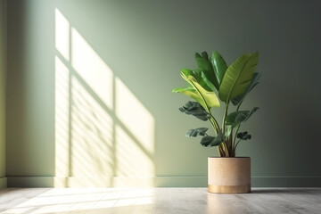 Pared de casa con planta de hojas grandes recibiendo la luz del sol a través de la ventana. Copyspace.  - obrazy, fototapety, plakaty