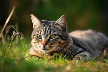 Gato descansando tumbado sobre la hierba. Generative ai.