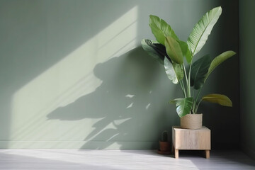 Pared de casa con planta de hojas grandes recibiendo la luz del sol a través de la ventana. Copyspace. Generative ai.