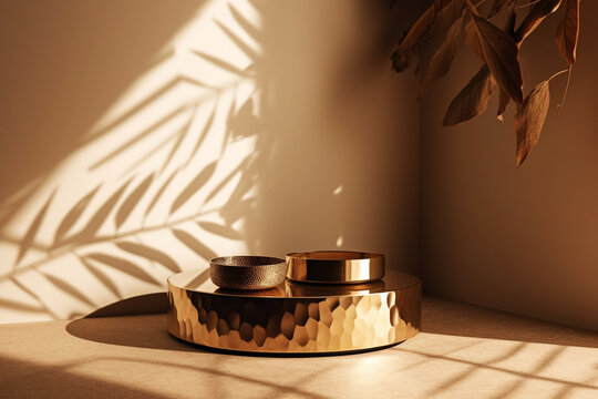 Podio, expositor para productos de belleza y cosm&eacute;tica con decoraci&oacute;n natural de plantas con luz solar y sombras. Generative ai.