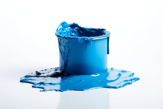 Bote de pintura azul derramada sobre fondo blanco. Generative ai.