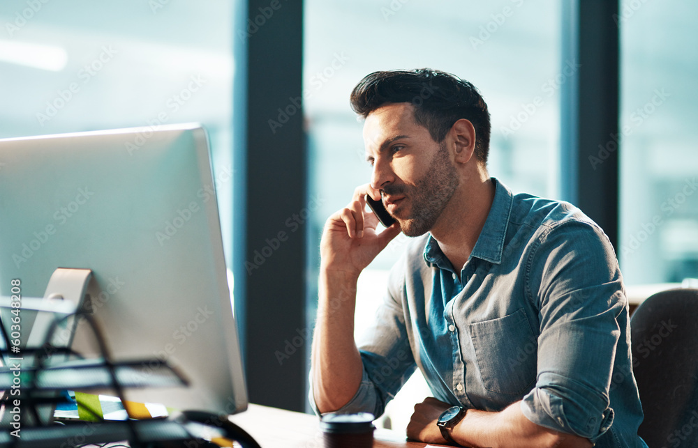 Poster Serious man, phone call and computer in office for conversation, communication and planning contact. Employee talking on cellphone at desktop for mobile networking, consulting and business feedback