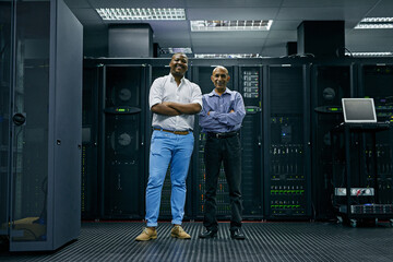 Happy, men or portrait of engineers in server room for online cyber security glitch or hardware. IT support team, black man or friendly African technicians fixing network for information technology