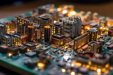 Fototapeta na wymiar Miniature Circuit Board Resembling an Old City, Generative AI
