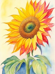 Fototapeta na wymiar A vibrant watercolor painting of a single sunflower. AI generated.