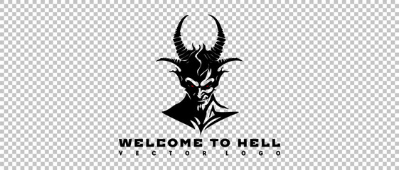 Vector black logo on a transparent background. Scary awesome portrait of horned satan and inscription welcome to hell.