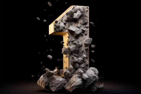 Gold number 1, one, first place, lider position, chempion. Anniversary. Stone style font. Abstract rock texture with particles, sparklling, exploding with powder elements. Generative ai