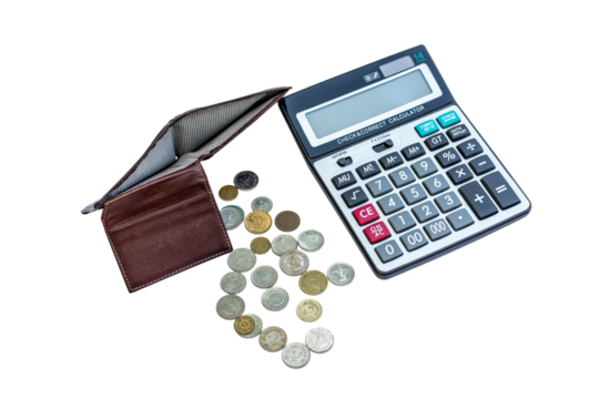 Calculator and an empty men's purse with some coins