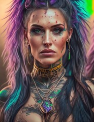 Fototapeta premium Portrait of beautiful woman girl with tattoos in punk style. Tattooed young woman. Trend marker. Edgy fashion. 