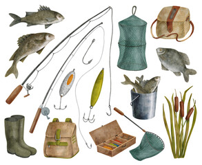 Watercolor fishing set. Hand drawn fishing rod, bait, lure, net, bucket with fish, creel, backpack and reed isolated on white background. Angling hobby equipment. Catching fish, camping © Olya Haifisch