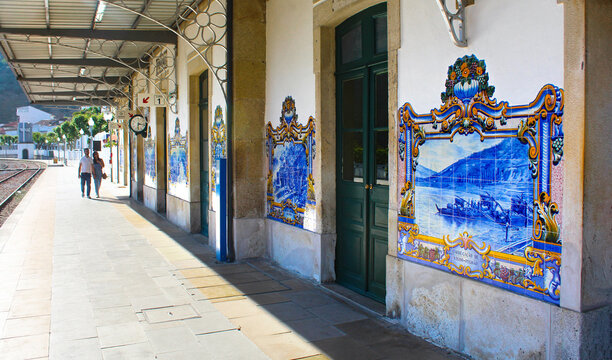 Azulejos in railway station of Pinhao in the Douro Valley in Portugal (Europe)