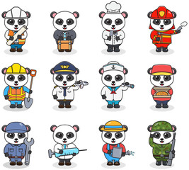Cartoon Panda in professional uniform. Vector set of Panda different professions. Vector characters with jobs different occupation. Different jobs professionals. Isolated vector icons set