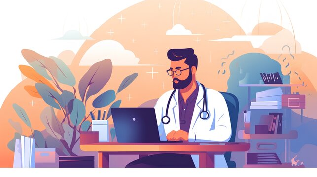 Doctor managing digital documents, flat style illustration. Integration of technology in healthcare, emphasizing digital record keeping, efficiency, and streamlined patient care. Generative AI