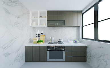 Modern Kitchen interior,with white cabinet, and gray shelf, refrigerator beside by.3D illustration