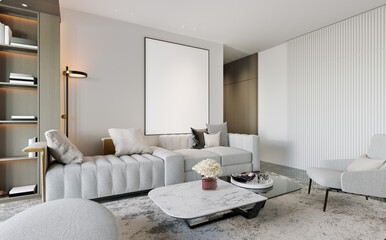 The modern luxury interior of the living room is bright and clean. 3D illustration