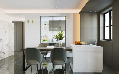 Modern Dining interior with dining table and chairs. 3D illustration