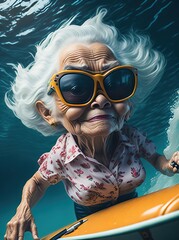 Cute Kawaii hyper realistic small granny surfing in the sea, wearing sunglasses, tropical background. Old woman, older, grandmother, grandma.