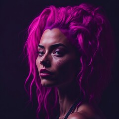 Masterpiece portrait of a beautiful seductive woman in electric neon pink. Florescent. Trend marker. Edgy fashion. Ai generative.