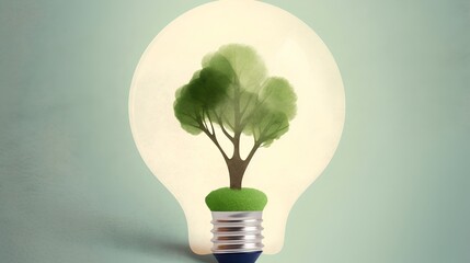 Light bulb with a green tree inside, presented in a minimalist style illustration. Eco-innovation and the merging of technology with environmental conservation for sustainable solutions. Generative AI