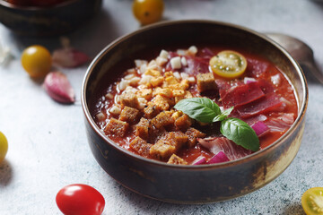 Spanish traditional tomato soup salmorejo