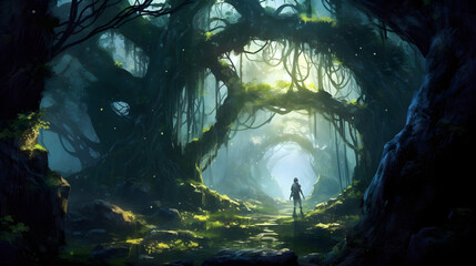Obraz premium In the heart of an ancient forest, a lone adventurer gracefully emerges from the shadows made with Generative AI