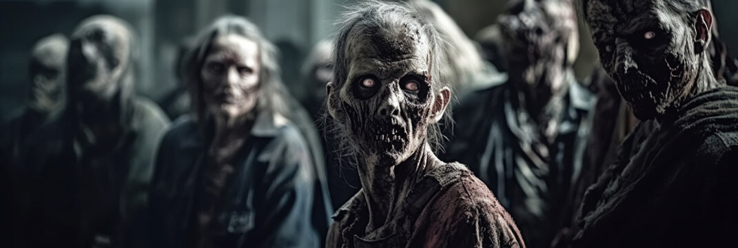 crowd of zombies on street in night city in apocalypse. Generative AI illustration
