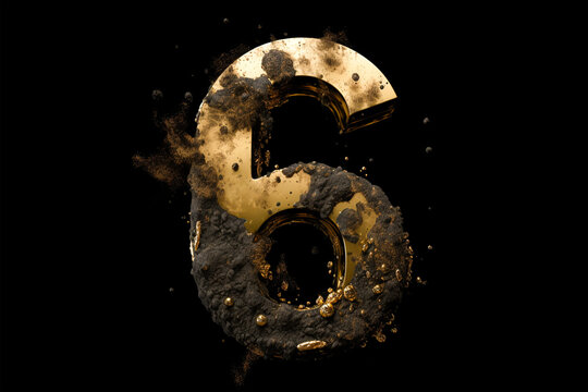 Stone style font.Golden number 6, six, forged from stone. Anniversary. Abstract rock texture with particles, sparkling, exploding with powder elements against black background. Generative ai