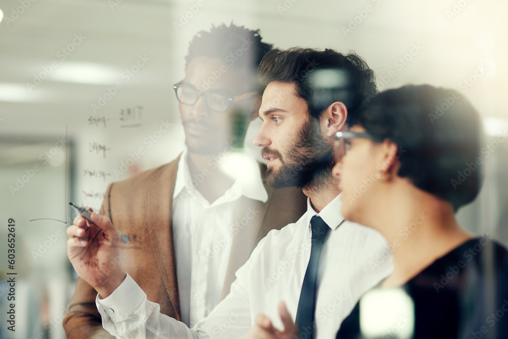 Poster Glass, leader and businessman brainstorming with team or planning strategy for a startup company or small business. Teamwork, our vision and group of employees in a meeting for a idea of innovation