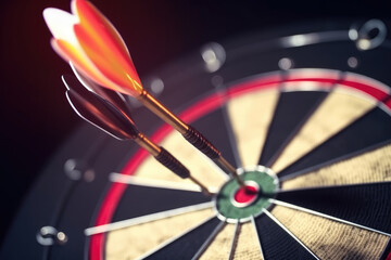 Business or success concept. Arrows aims at a dartboard target. Winning situation. Reach goal of success. Achievement concept. Business target.