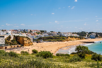 Awesome view of Albufeira Beach, panoramic , turistic and famous place called praia dos pescadores or fisherman beach in Albufeira, Portugal.