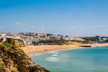Fototapeta premium Awesome view of Albufeira Beach, panoramic , turistic and famous place called praia dos pescadores or fisherman beach in Albufeira, Portugal.