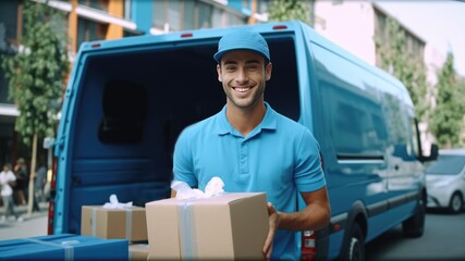 A courier in a blue uniform with a cap, with a cardboard gift box in his hands, stands next to his van. Gifts and surprises. Delivery and courier service. Transportation. Generative AI