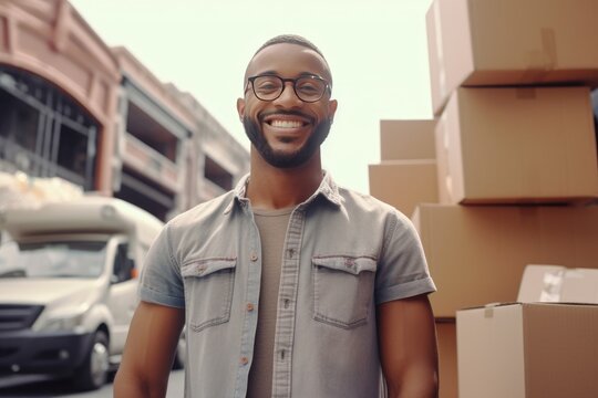 Smiling young African American man standing next to a lot of craft boxes. Moving, Courier service, home delivery. Generative AI