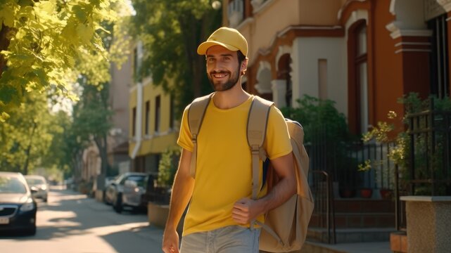 a man in a yellow uniform with a cap, with a large backpack on his back, on the street next to the house. Delivery service, courier or delivery man. Generative AI