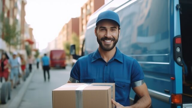 A bearded man in a blue uniform with a cap, on the street next to a cargo van, holds a box with orders in his hands. Delivery service, courier or delivery man. Generative AI